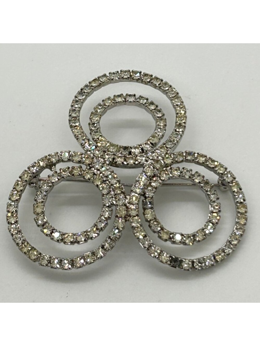 Vintage Brooch Interlocking Triple Circle Rhinestone Silver-tone Pin READ